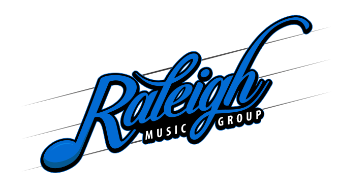 Logo of Raleigh Music Group with blue and black colors.