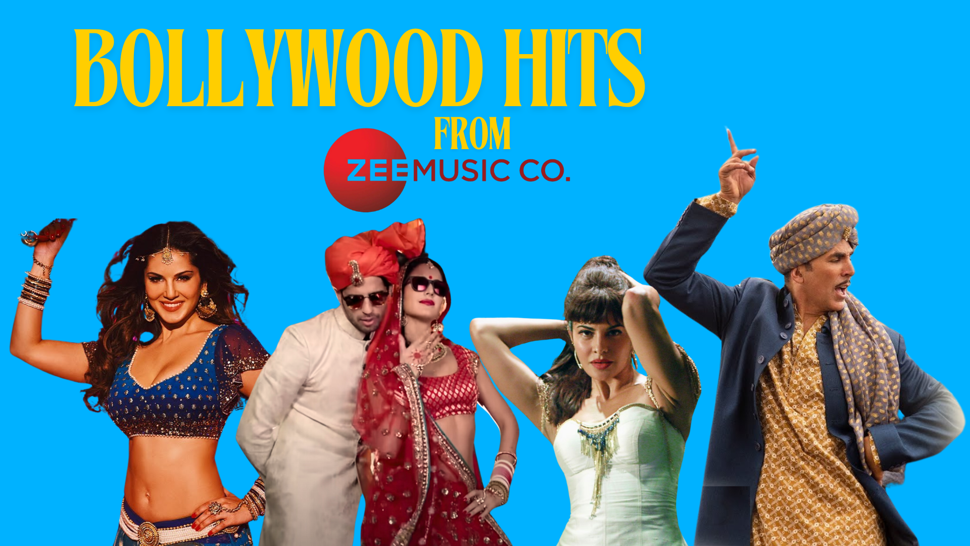 Bollywood music album cover with vibrant characters in traditional and modern attire.