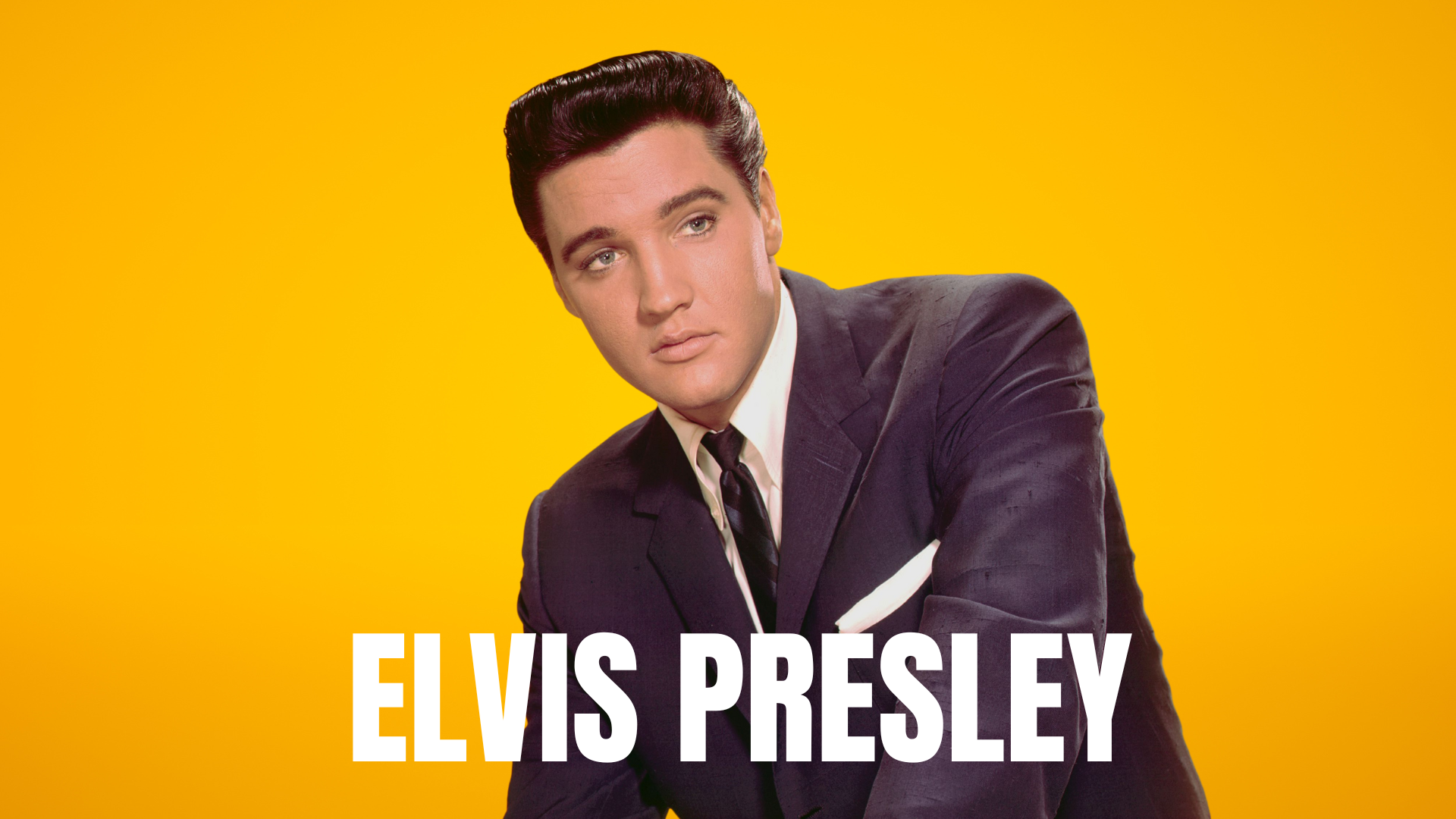 Portrait of Elvis Presley with yellow background.
