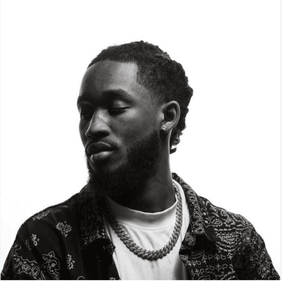 Monochrome portrait of bearded person with chains